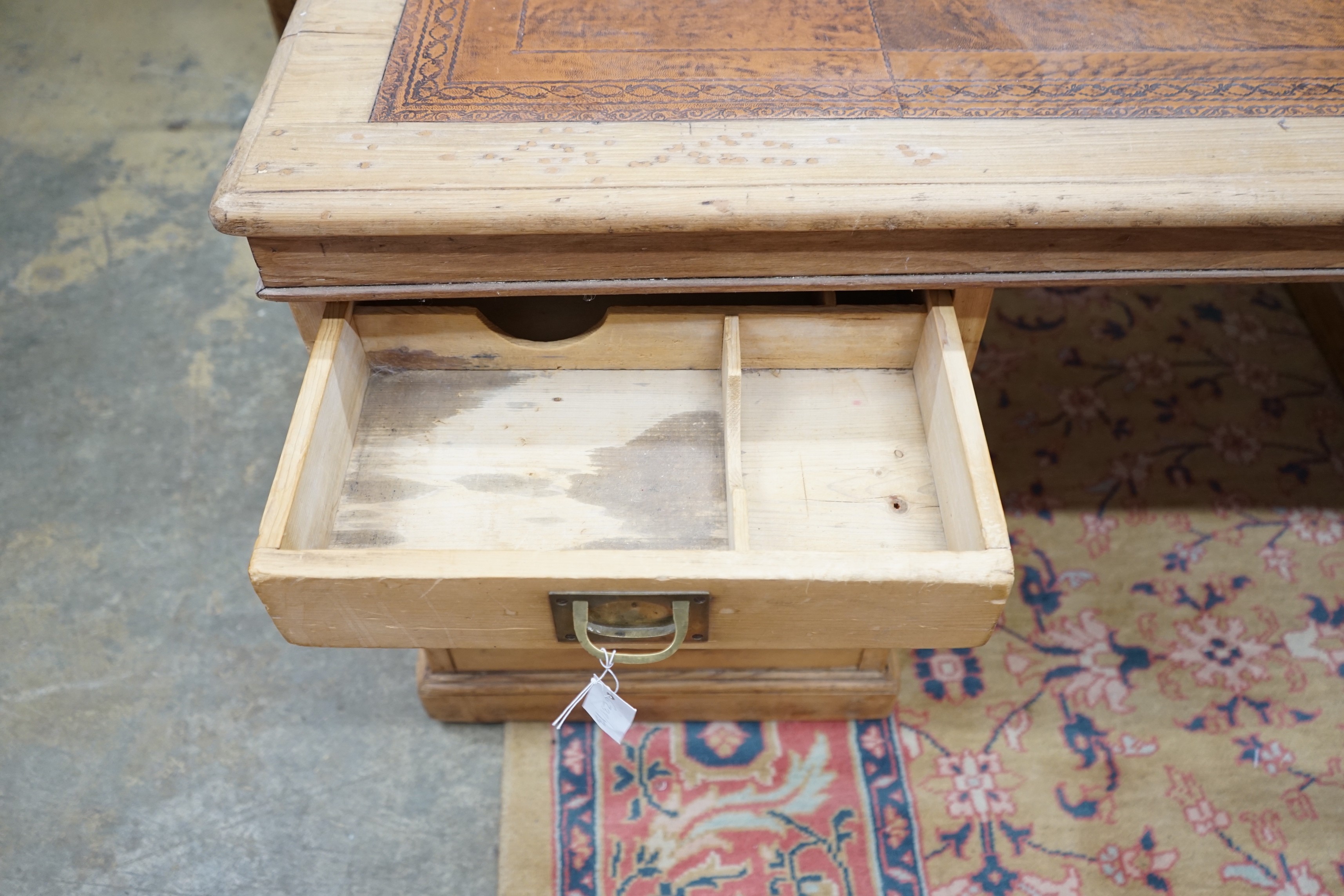 A Victorian and later military style pine pedestal desk, width 182cm, depth 98cm, height 76cm